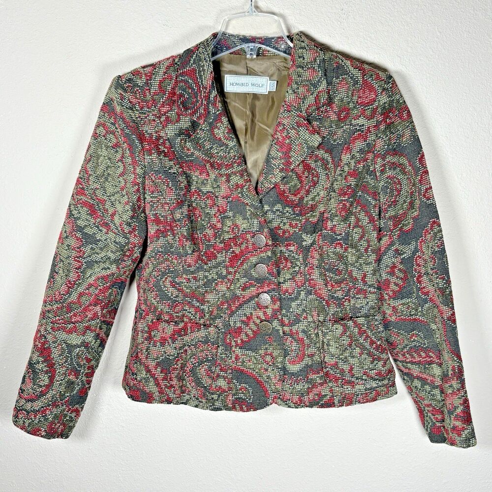 Howard Wolf Sz 10 Vintage Tapestry Jacket Womens Lined USA Green Red Paisley‎